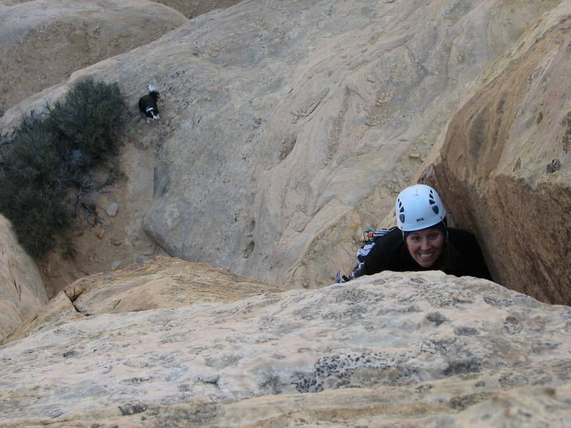 Maura on the first ascent of Hermits Hovel Tower- Mystery Incident. Rosco is looking on from below.