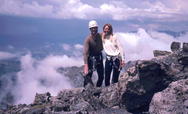Tony Bubb & Sarah Shull on the summit of Sharkstooth in 1996. A storm has passed below which we waited out from above. Self-portrait taken with a timer.
