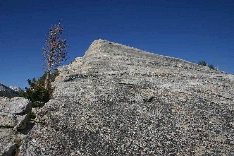 Lookin up the main face of one of the smaller domes in Tuolomne Meadows, Yosemite; I think this was like 5.6 friction, super easy fun.