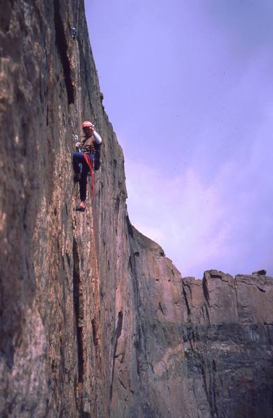 The topout of any Diamond route has primo scenery.
<br>
<br>
Photo in 2007 by Tony Bubb of unknown party, I think on D7.