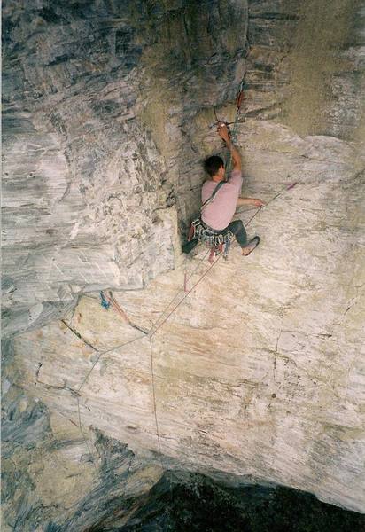 Fun on Shadowdance circa 1996. Climber Julian Smith; photographer Brian Talbert.