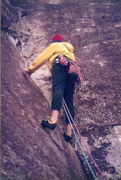 Grabbin' gear on pitch 4... circa 1994<br>
Climber - Brian Talbert