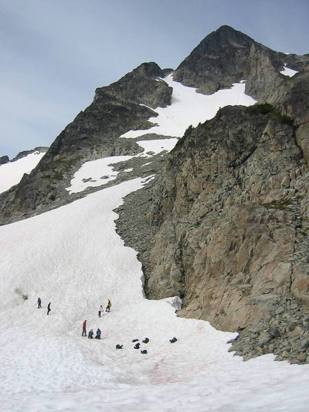 From the shoulder just before hitting the snow. There was an alpine climbing clinic taking place here. It's a good spot for it. The version McLane's book heads straight up towards the notch. It's a lot longer than it looks in this foreshortened view.