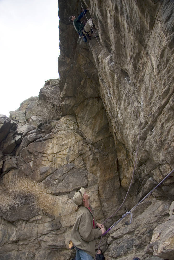 Rick climbing on Wall of Justice. Not sure what route? (The Great Escape)
