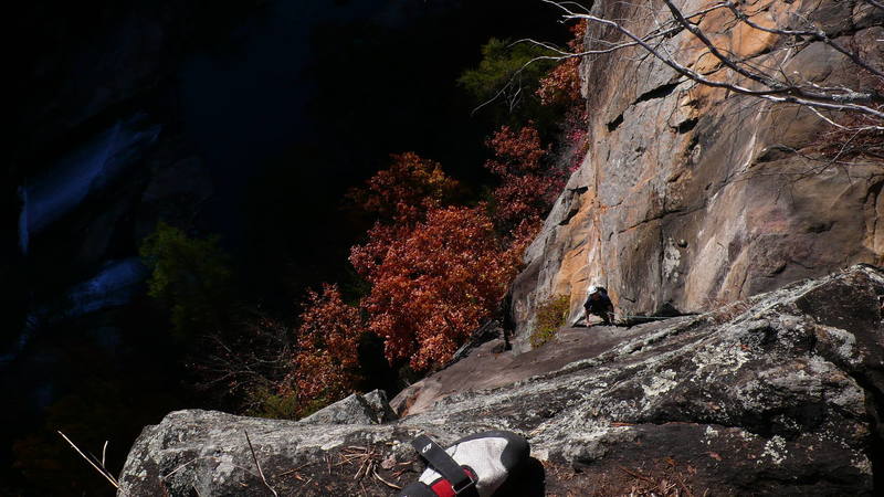 Top of the second pitch. I think this is one of the best routes at the gorge. You can either climb up to the cave directly above the chains and then scurry up to the top of the chimney to the trail or do a rap to the bottom from the chains. (2 ropes) FOR THIS.