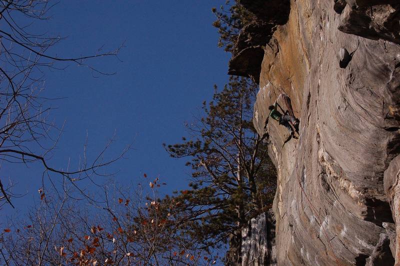 Jay Knower setting up for the final pump crux of this classic line.