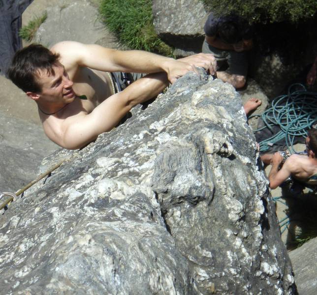 Looking straight down at the coolest 5.8 climb in NZ: Headbanger's Arete (grade 17) at the main cliff of Hospital Flat in Wanaka.