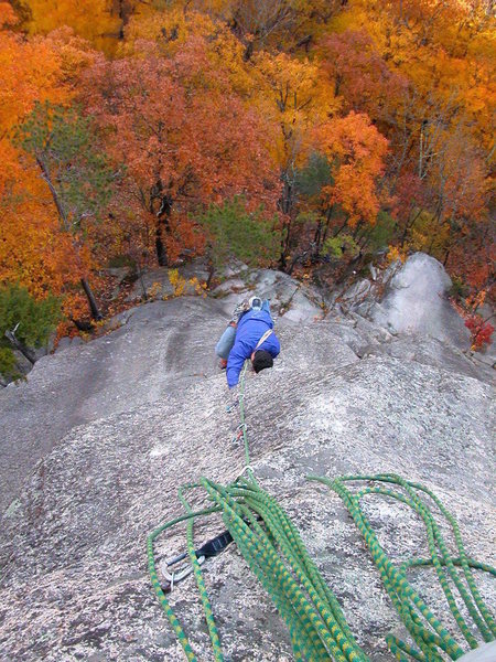 pitch 2. I can't remember this guys name. I found him in his van at the base of the cliff and he was game for a late fall ascent of the Prow. November '03.
