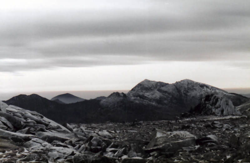 Highest mountain in England and Wales, Yr Wyddfa Fawr (The Great Tomb, aka Mount Snowdon to the English) seen from Glyder Fach (Small Pile of Stones).