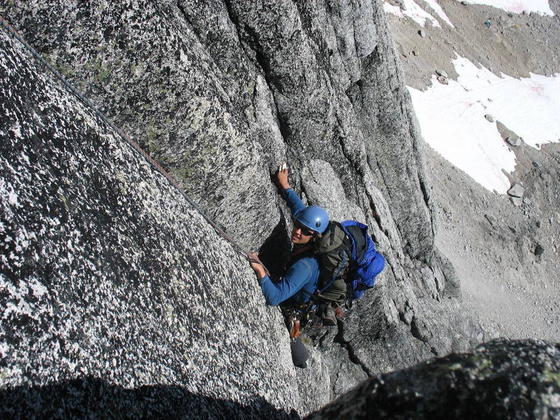 Glenn T. follows the second pitch of the BC, which climbs this 5.7 corner crack