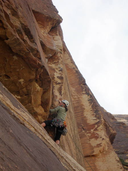 Lindsay below the crux of Triassic Sands.  Red Rocks, NV.