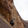 Lindsay below the crux of Triassic Sands.  Red Rocks, NV.