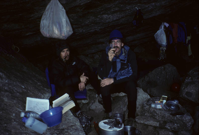 Peter and Deaun smokin' cigars after a another gourmet meal in the cave, Fairy Meadows, Cirque of the Unclimbables