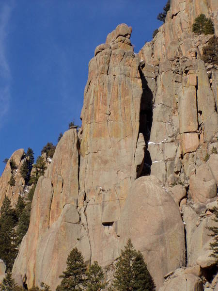 The Poe Buttress, with the second pitch of Edge of Fright left of the shadowed dihedral in the middle of the picture.