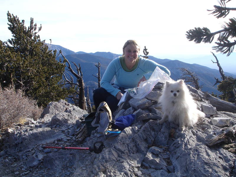 Mt. Charleston, Nevada.<br>
<br>
Leisha, Casper, and G on the summit, having Bonanza Peak all to ourselves on a beautiful December day.<br>
<br>
(Taken 12/5/07)