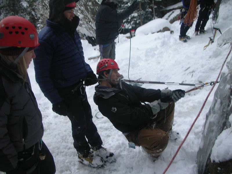 Rob and Dan aquaint themselves with placing and weighting ice screws in the base of Hidden Falls.