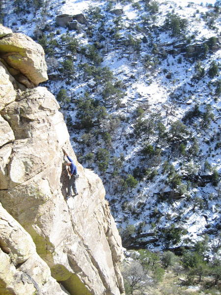 Jim Scott climbing on 12/15/07. Elevation 5700ft. High temp. 53 degrees in Tucson. Climbed all day but had to dodge a bit of ice now and then. That is 6 inches of snow on the north facing side of the canyon.