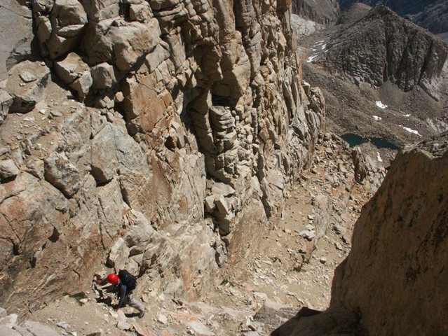 Etsuko is in the sandy gully on the South East face of Mt. Muir - July 24, 2004