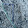 A view of the existing (green) and new (blue) variations of the East Buttress route from the Whitney Trail switchbacks - July 24, 2004