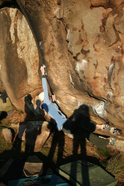 Suzan working the crimpy moves on Sprung, V9.