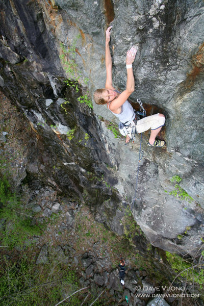 Annika Frodi-Lundgren on Collateral Daveage, 5.11a Bolton Quarry.