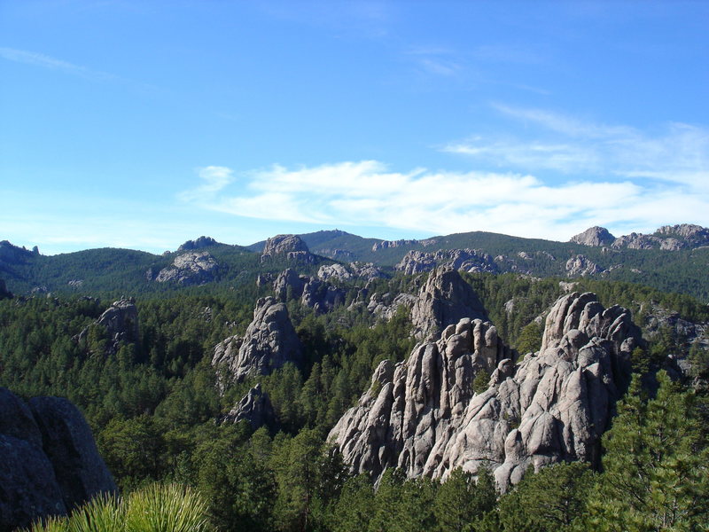 The Harney Range from Breezy Point including West World, Horsethief Spire, Lorelei Rocks, Mt Dallymore, The Chessmen, Elkhorn Ridge and Harney Peak.
