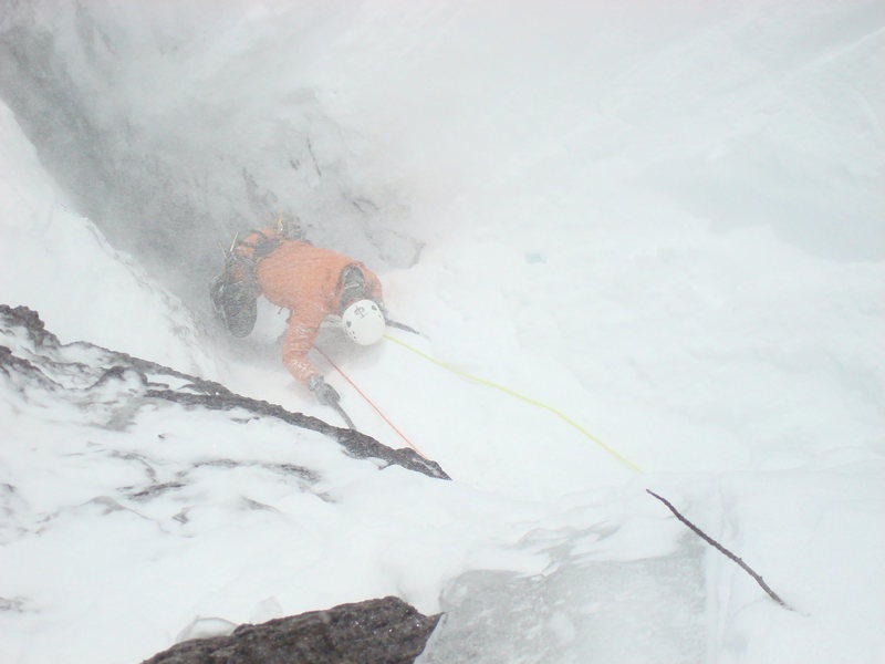 Pulling over second pitch on Skylight. Getting hit with a little spindrift.