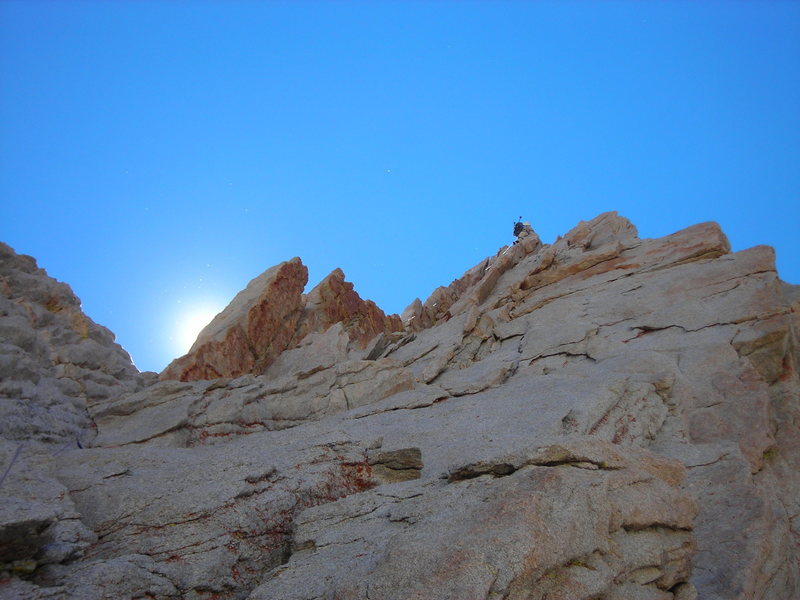 Orange dihedral pitch on East Buttress, Mt Whitney. Photo courtesy Bill McConachie