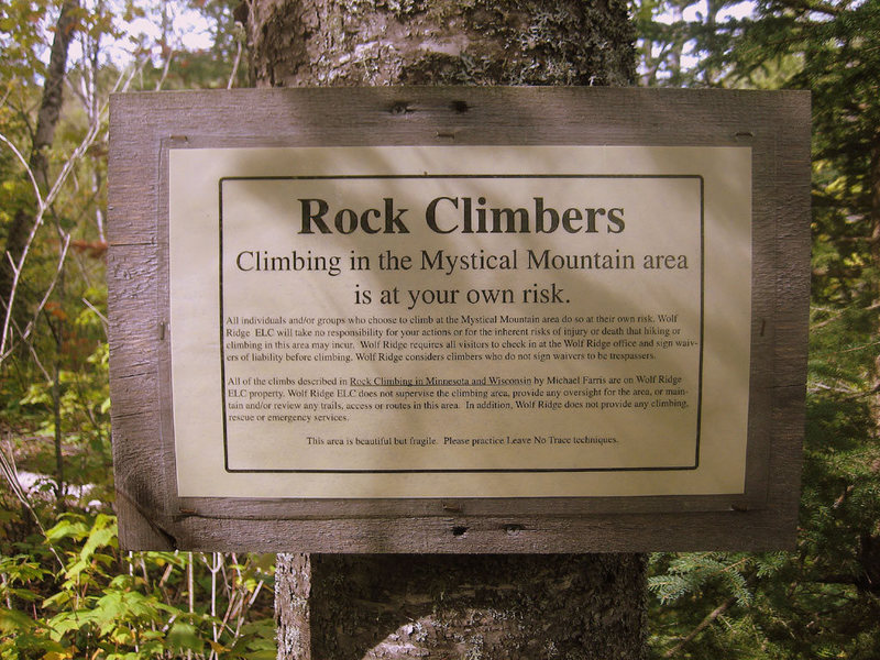 Signage along the access trail to some of the Mystical Mountain area crags.
