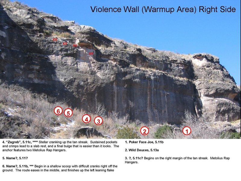 The right half of the Violince Wall. The lower bit of the wall is obscured. The routes described are the routes I've done.