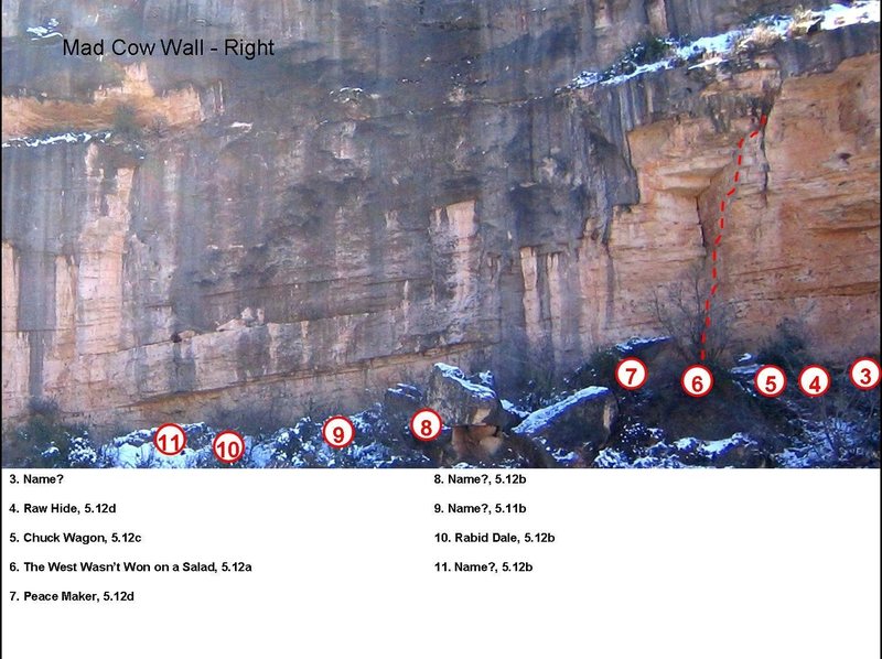 The right end of the Mad Cow Wall. Routes 1 & 2 are right of the cave on the right end of the photo. Route #4 is rumored to be especially good.