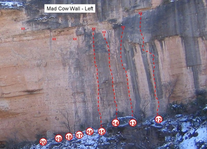 The left end of the Mad Cow Wall. The right edge of the "Hueco Cave" is visible on the left edge of the photo. There isn't a clear delineation between these two areas.<br>
<br>
12. Black Plague, 5.13b, 4 stars<br>
13. Big Daddy, 5.12d<br>
14. Rabid Dave, 5.12b<br>
15. Die Hardral, 5.12a<br>
16. Shakka, 5.11c<br>
17. Cutter, 5.11c<br>
18. Mad Cow, 5.12b<br>
19. Anthrax Letters, 5.12d<br>
20. Ebola, 5.13a