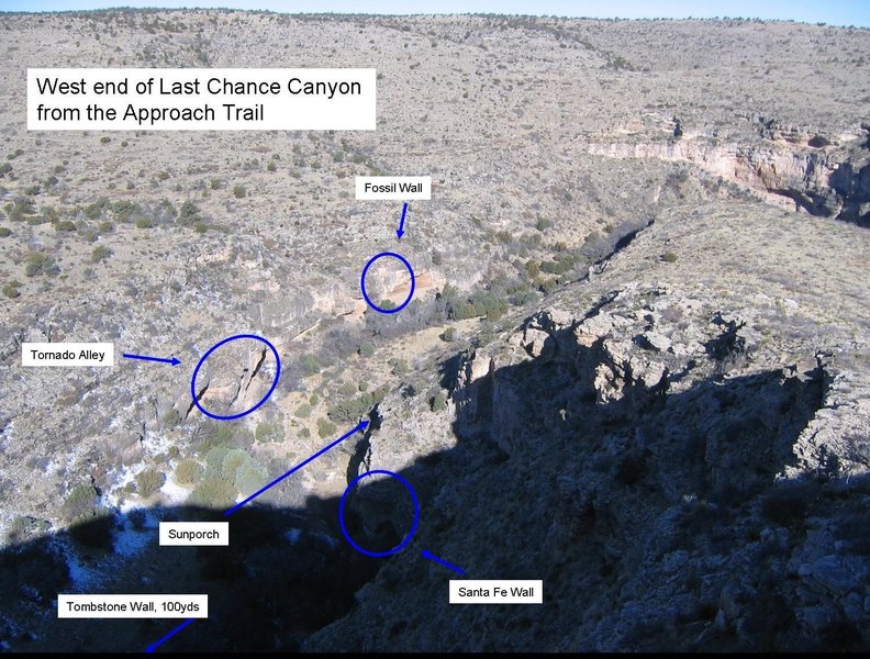 View of the Up-canyon half of LCC, from the approach trail, near the parking lot. These are all of the areas up-stream of the Solstice Cave.