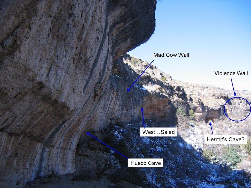 Overview of the major cliffband on the South side of Last Chance Canyon. The location of the Hermit's Cave is an educated guess. This photo was taken from the base of "Lips & Assholes".