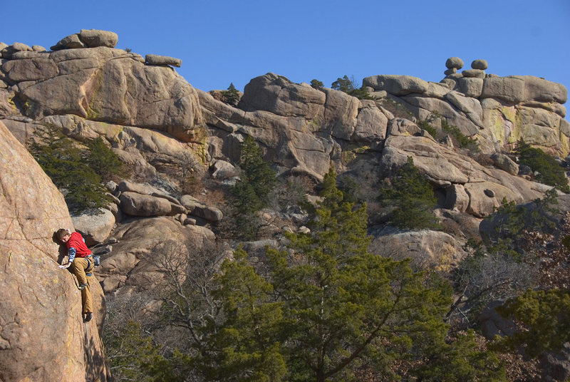 Randall Pink on the slabby topout of Crack-a-lo-lo, 10c, Lost Dome, WMWR.