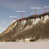 Willoughby ice climbs with landmark lines indicated with arrows.