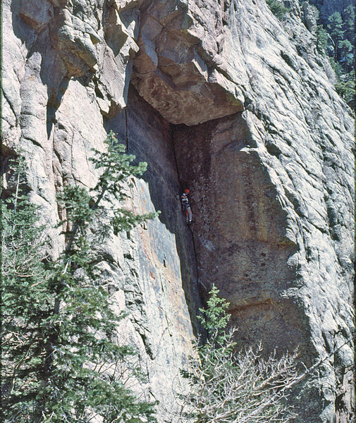 Dave Baltz on MBC, Turantula is crack climb on the face to the left