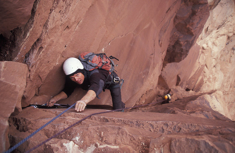 Pavel Kejla nearing the spacious belay ledge on top of the second pitch in classic B-Team style.