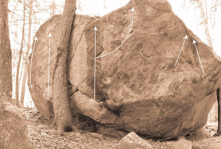 Swirley Boulder, Problems Listed L to R: Unnamed V?, Amnesia V5, Jon's Arete V8, Jon's Arete Variation V8+, Uncle Climax V9, Da Lovah V8
