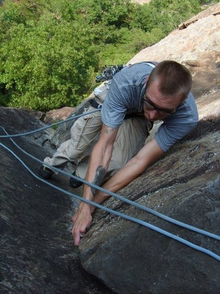 Layback on 2nd pitch. Led the route then had to rap and do it again after my partner couldn't remove a stuck piece.