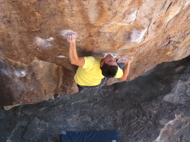 Once you hit the crimp, move the right hand to the lower of two pinches on the arete. Sticking this pinch is probably the crux move.