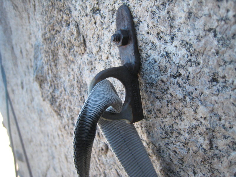 Cleverly drilled Cassin lost arrow with 1/4" bolt as one of the fixed pieces for the third belay.