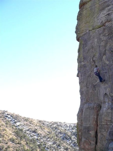 The north east face of the Control Tower. The arete is Sundance. Josie has just taken a plunker on her on-sight attempt on Air-Worthy (12a). What a tiger. She got it next go.