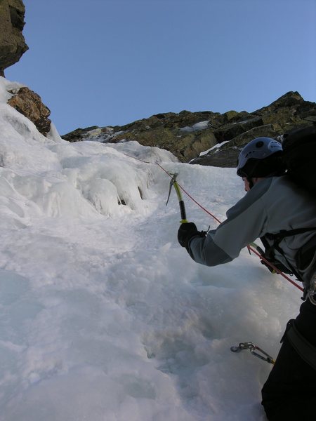 Following the first pitch of Pinnacle Gully (The pitch is not as steep as it appears.) Photo by Arthur Kehas.