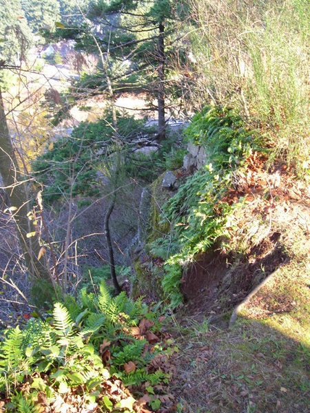 4th class descent trail to the left "North" side of Warrior Wall. Look for a fallen tree perpendicular to the road and left of the tree about 15 feet is the start. The guardrail descent is another 25 feet to the left.