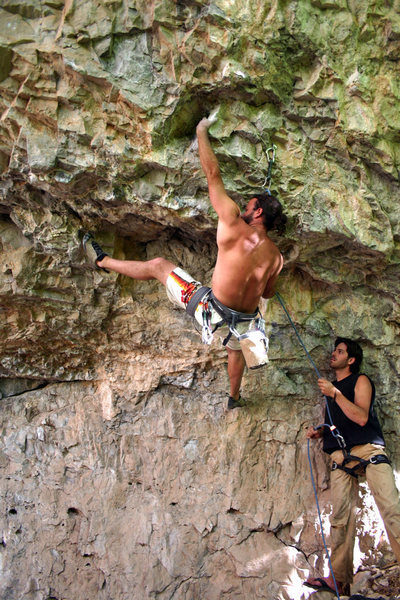 Mark Sellers on the starting moves. Keegan on Belay.<br>
Photo: Dave Fiorucci July 4th, 2005
