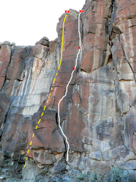 Open Season is the route shown in white. The yellow route to the left is [[Lava Flows]]http://www.mountainproject.com/v/new_mexico/taos_area/dead_cholla_wall/106108243. Yellow dashed lines down low indicate climbing on the other side of the arête.