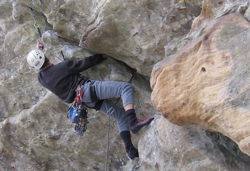 Leading the steep section of Who Need Friends 5.12a (on gear).