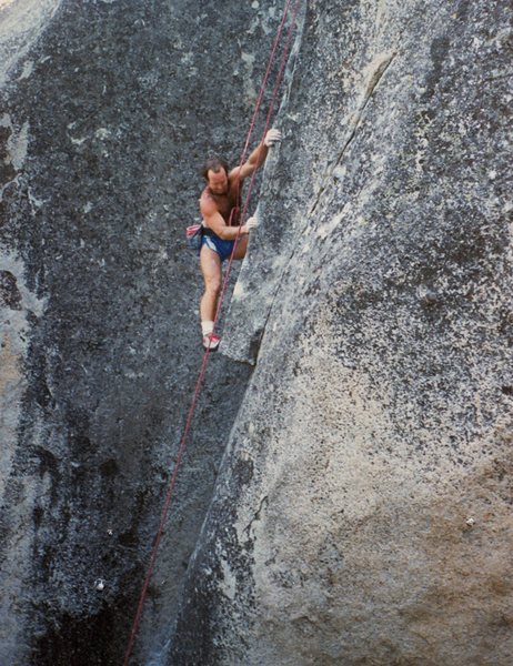 Bob Gaines on the first ascent, 1986.