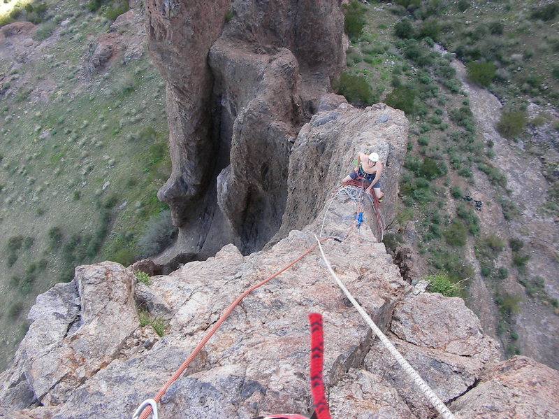 Casey straddling the 2nd belay ledge.